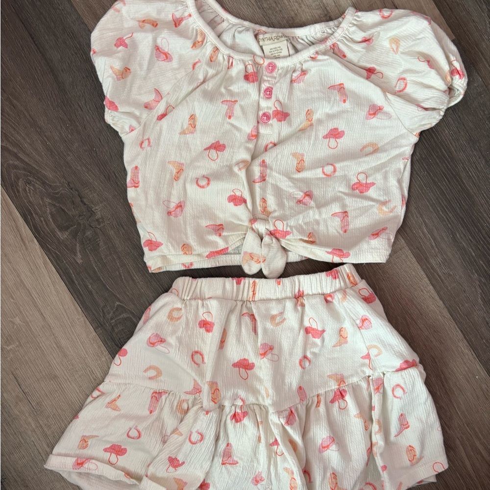White and Pink Button-Up Top and Skirt Set
